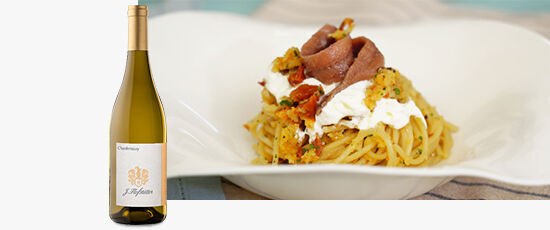  Spaghetti con burrata e Alici e Chardonnay Alto Adige DOC 