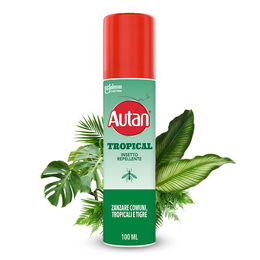 Autan Tropical Spray, Repellente Zanzare con Azione Protettiva Duratura, Fino a 8 Ore di protezione, Adatto ai Viaggi in Luoghi Tropicali, 100ml
