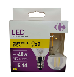 Carrefour 2 led sfer con filmaneti 40W, attacco E14, luce calda