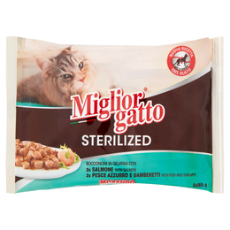 Migliorgatto Sterilized Bocconcini in Gelatina con Salmone - Pesce Azzurro e Gamberetti 4 x 85 g