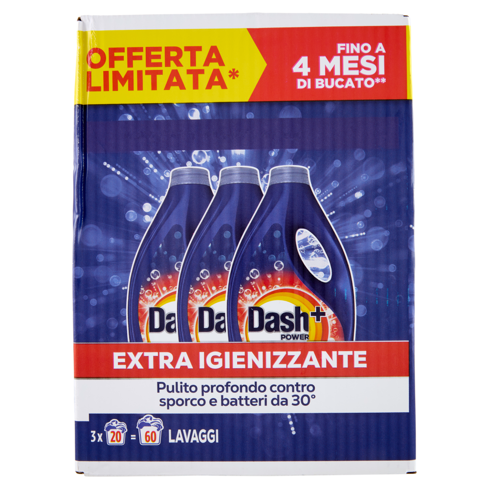 Dash Power Detersivo Liquido Lavatrice, Azione Extra-Igienizzante, 3x20 Lavaggi=60 Lavaggi 3x900ml