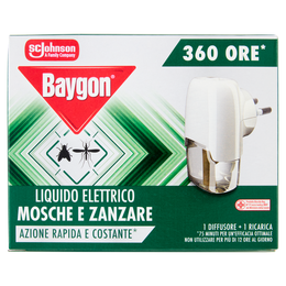 Baygon Liquido Elettrico Mosche & Zanzare Base, 360 ore, Azione Rapida e Costante, 1Base + 1Ricarica