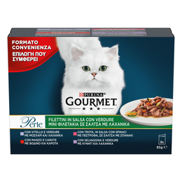 GOURMET Perle Filettini in Salsa Cibo Umido per gatti Adulti con Vitello, manzo, Trota Selvaggina insaporiti con Verdure, 8 buste da 85g