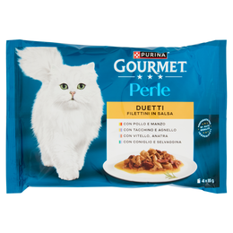 PURINA GOURMET Perle Duetti Pollo e Manzo,Tacch. e Agnello,Vitello e Anatra,Coniglio e Selvag. 4x85g