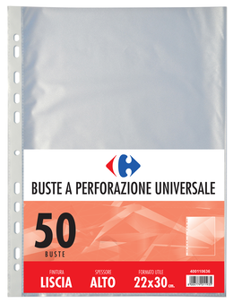 Carrefour Confezione 50 Buste A Perforazione Universale Alto Spessore Finitura Liscia foglio di protezione 210 x 297 mm (A4) Polipropilene (PP) 50 pz