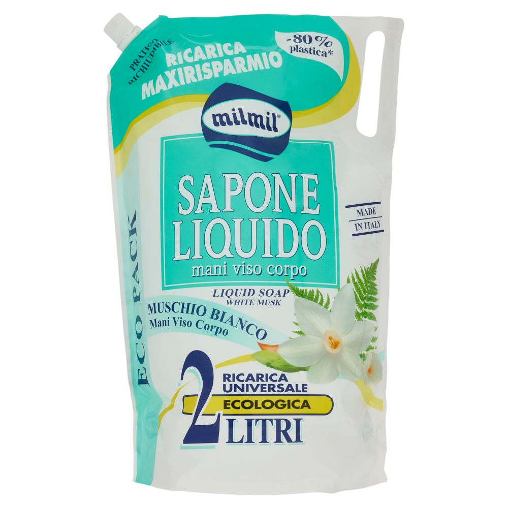milmil Sapone Liquido Muschio Bianco Ricarica Universale Ecologica 2 Litri