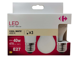 Carrefour 3 led sferica 40W, attacco E27, luce fredda