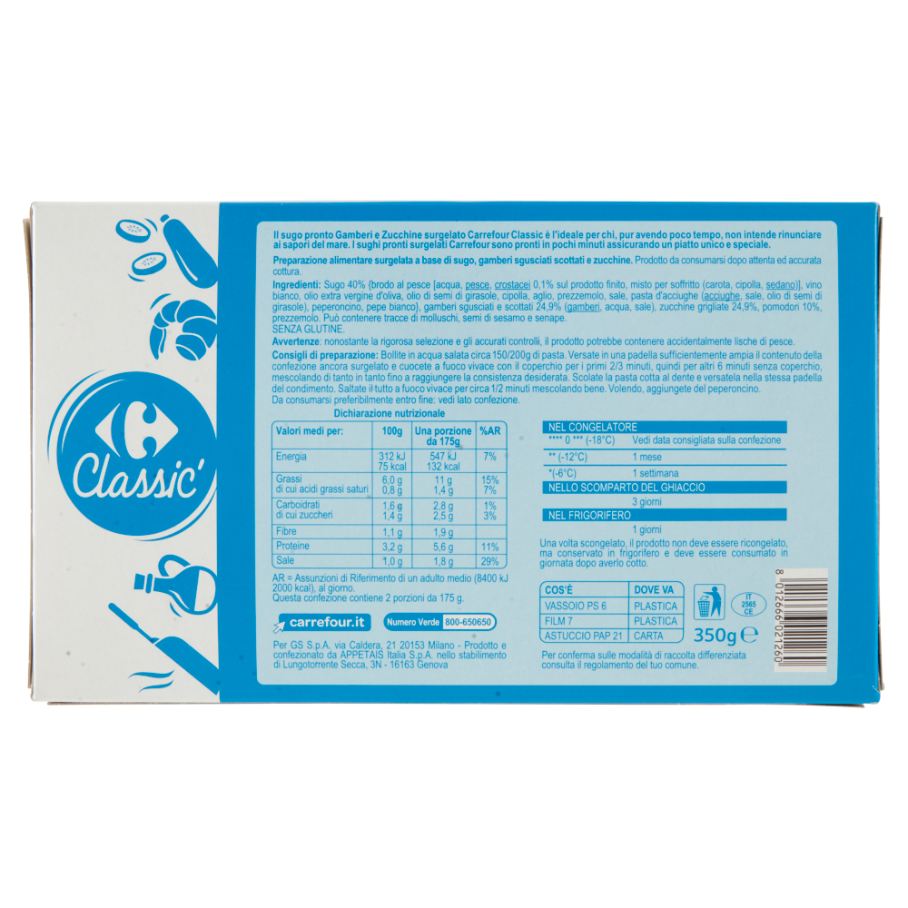 Carrefour Classic Sugo Pronto Surgelato Gamberi e Zucchine 350 g