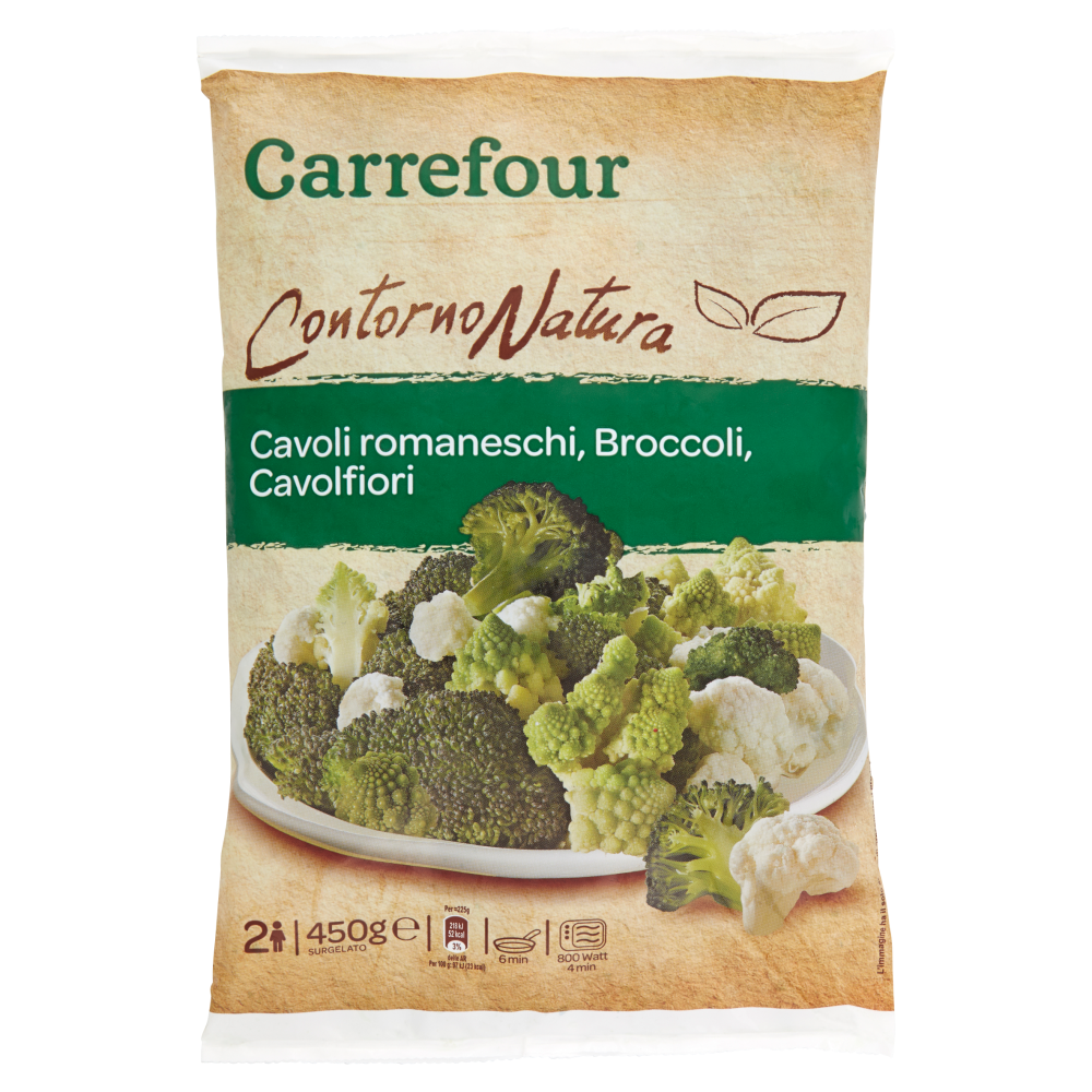 Carrefour Contorno Natura Cavoli romaneschi, Broccoli, Cavolfiori Surgelato 450 g