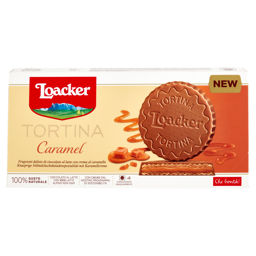 Loacker Tortina Caramel con wafer, cioccolato al latte alpino e crema al caramello 21gx6
