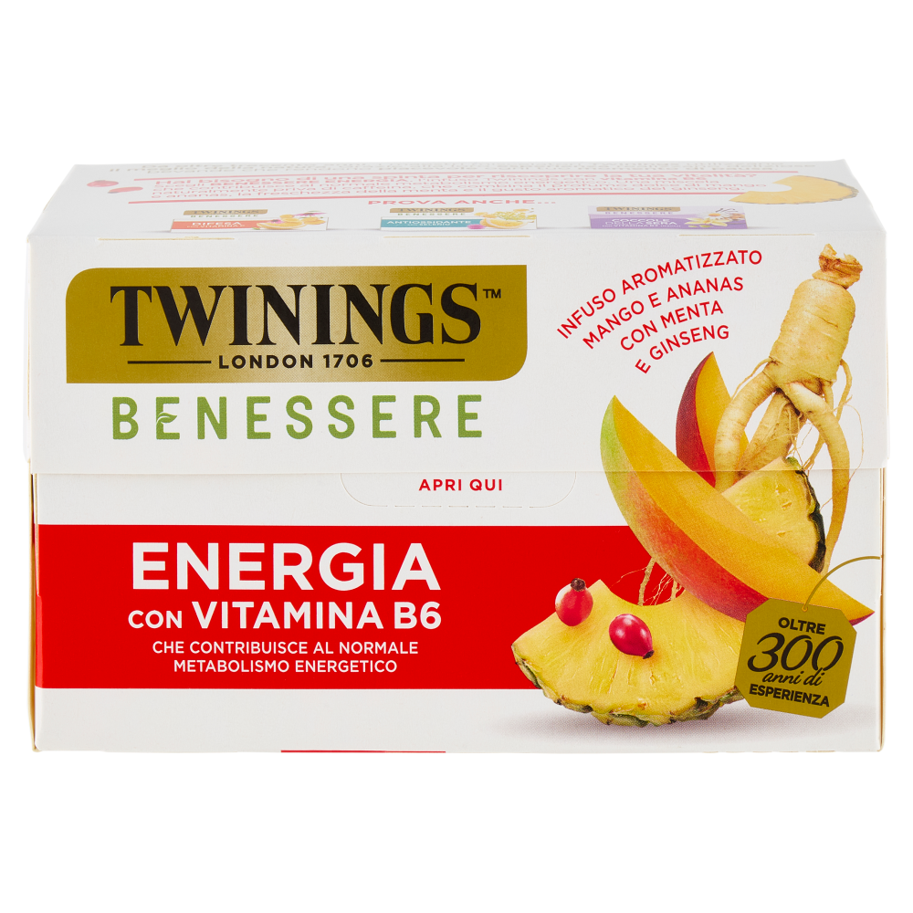Twinings Benessere Energia Tisana Aromatizzata Mango e Ananas con Vitamina B6 18 filtri 27 g