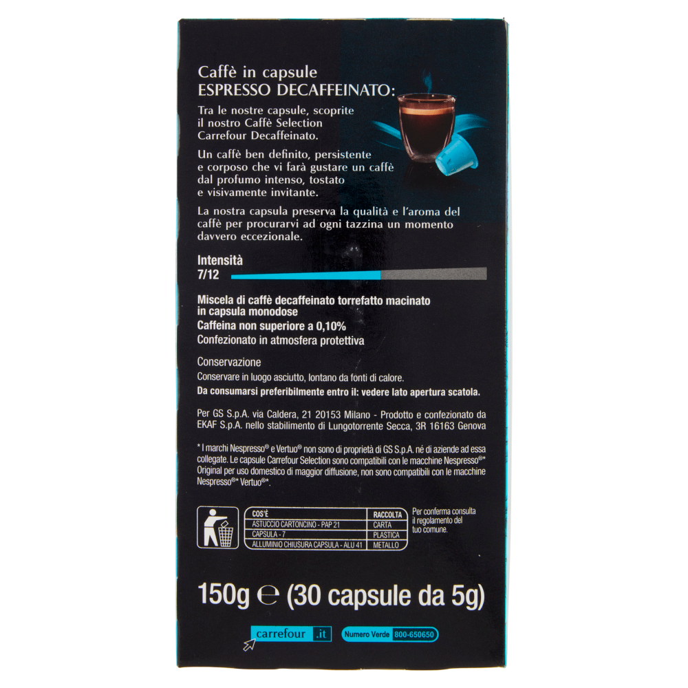 Carrefour Selection Espresso Decaffeinato Intensità 7 Capsule 30 x 5 g