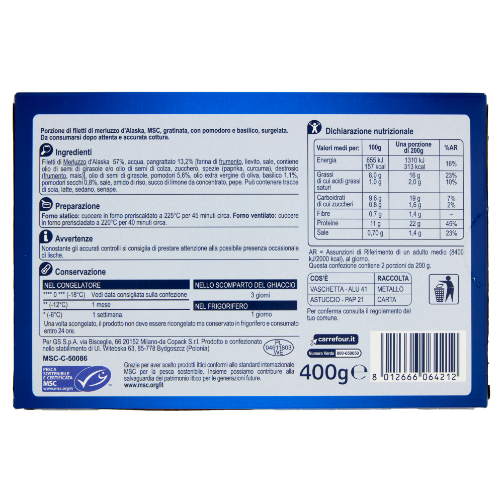 Carrefour Extra Merluzzo d'Alaska Gratinato con Pomodoro e Basilico Surgelato 400 g