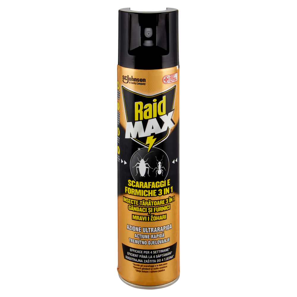 Raid Aerosol Max Scarafaggi e Formiche 3 in 1, Spray Insetticida, Efficace per 4 Settimane, 300 ml