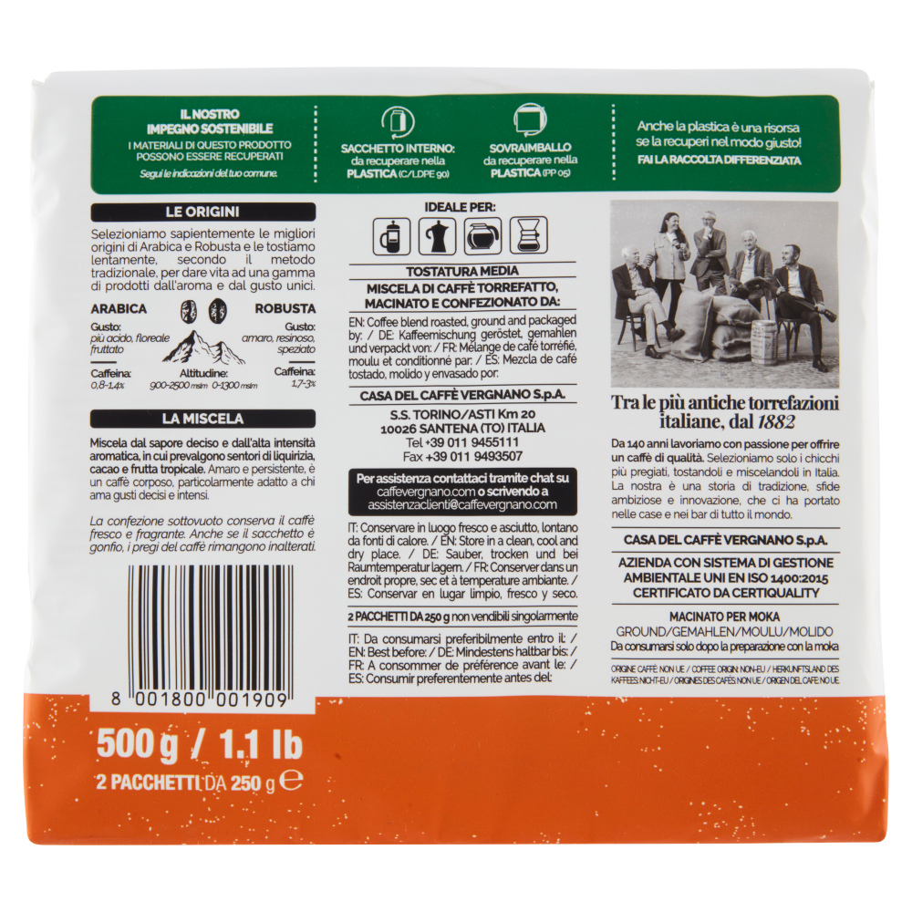 Caff&egrave; Vergnano 1882 Aromadicasa Macinatura Moka 2 x 250 g