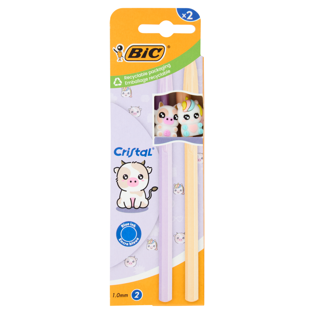 BIC Cristal Pastel Figurines Penne a sfera Blu, 2 pezzi