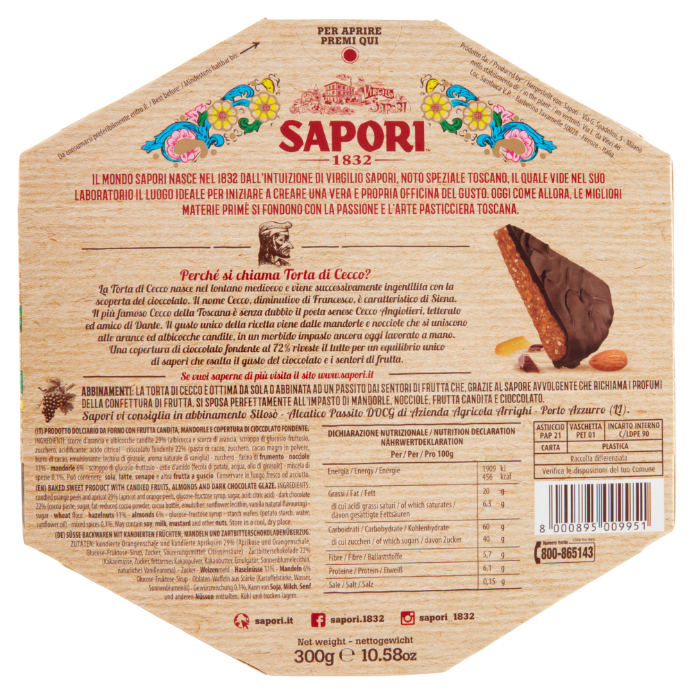 Sapori Torta di Cecco Ricoperta di Cioccolato Fondente 300 g