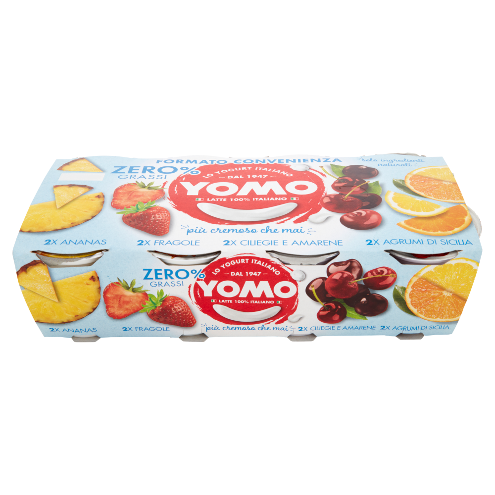Yomo Yogurt Zero% Grassi Ananas, Fragole, Ciliegie e Amarene, Agrumi di Sicilia 8 x 125 g