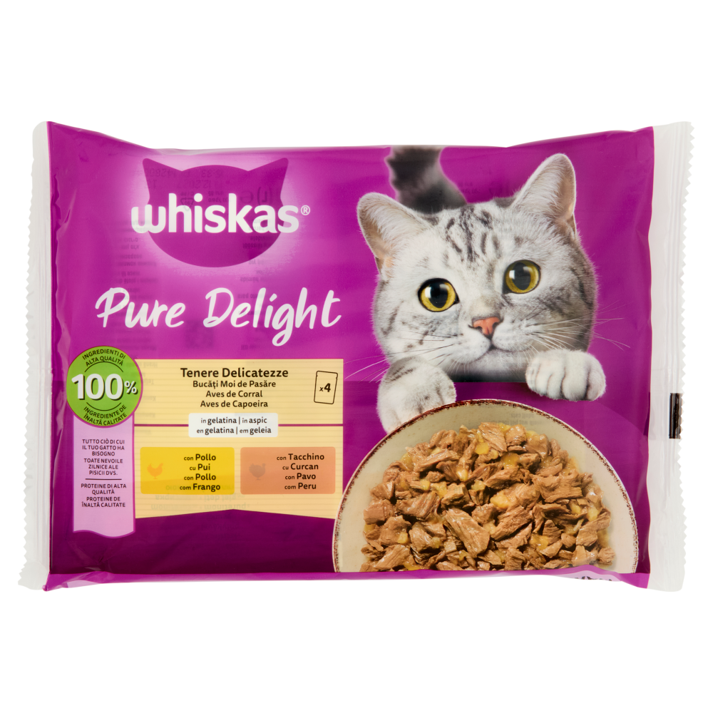 Whiskas Pure Delight Cibo Umido Gatto Tenere Delicatezze in Gelatina con Pollo e Tacchino 4x85g