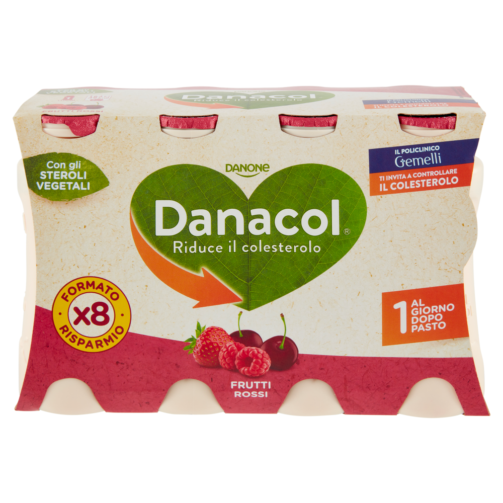 DANACOL Yogurt da bere, Riduce il Colesterolo grazie agli Steroli Vegetali, Frutti Rossi, 8x100g