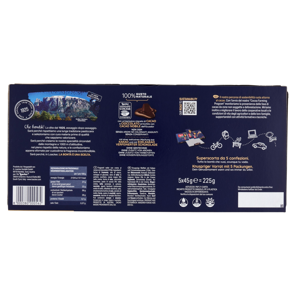 Loacker Classic Cremkakao Wafer con crema al Cioccolato e Cacao Nobile dell'Ecuador Wafers 45gx5