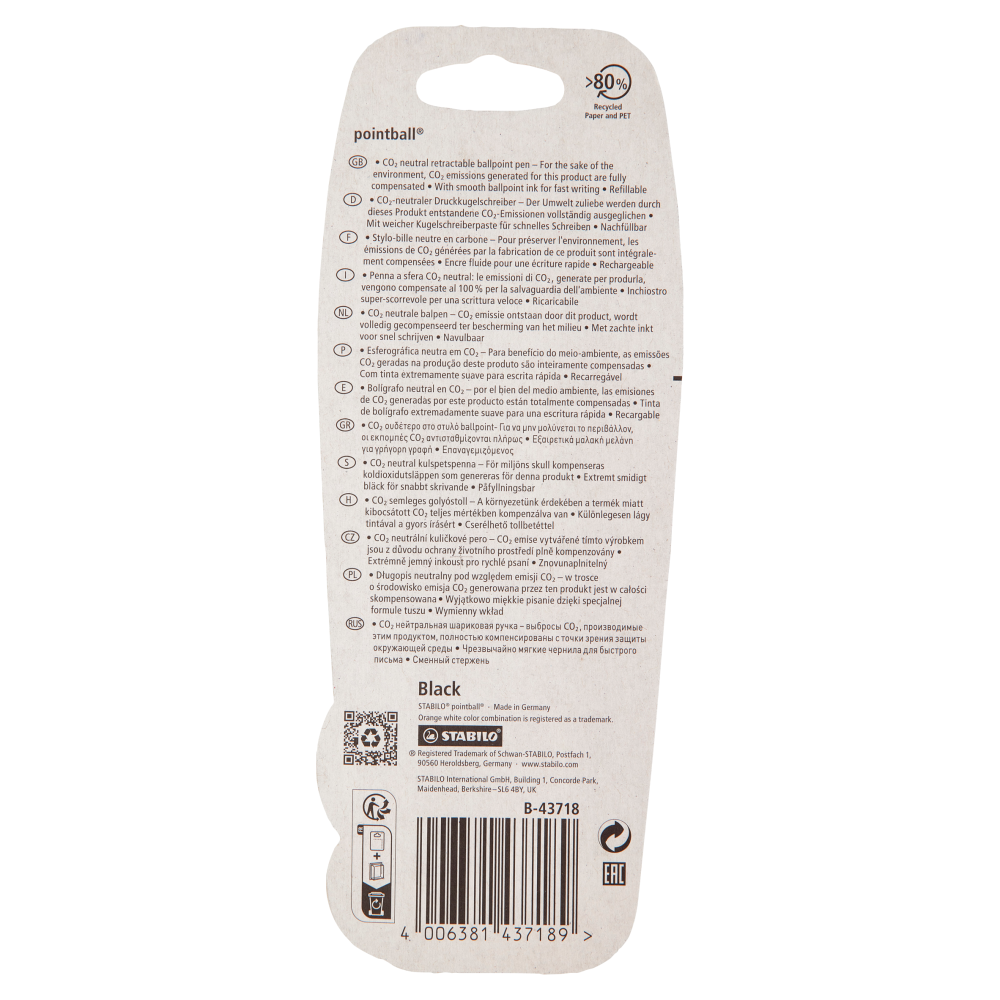 STABILO pointball penna a sfera CO2 neutral nero - blister da 2 pz.