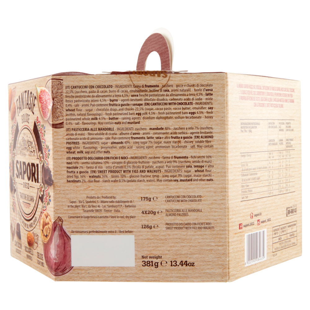 Sapori Fantasie Golose Cantuccini Cioccolato, Ricciarelli Mandorla, Delizie Fichi e Noci 381 g