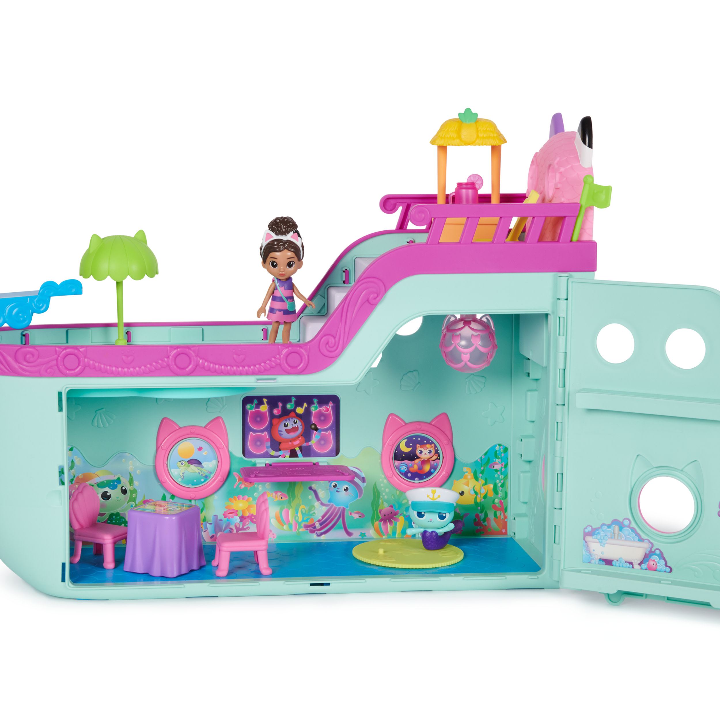 Gabby's Dollhouse , Crociera dei gatti di Gabby, nave da crociera giocattolo con 2 personaggi, giocattoli a sorpresa e accessori per la casa delle bambole, giocattoli per bambine e bambini dai 3 anni in su