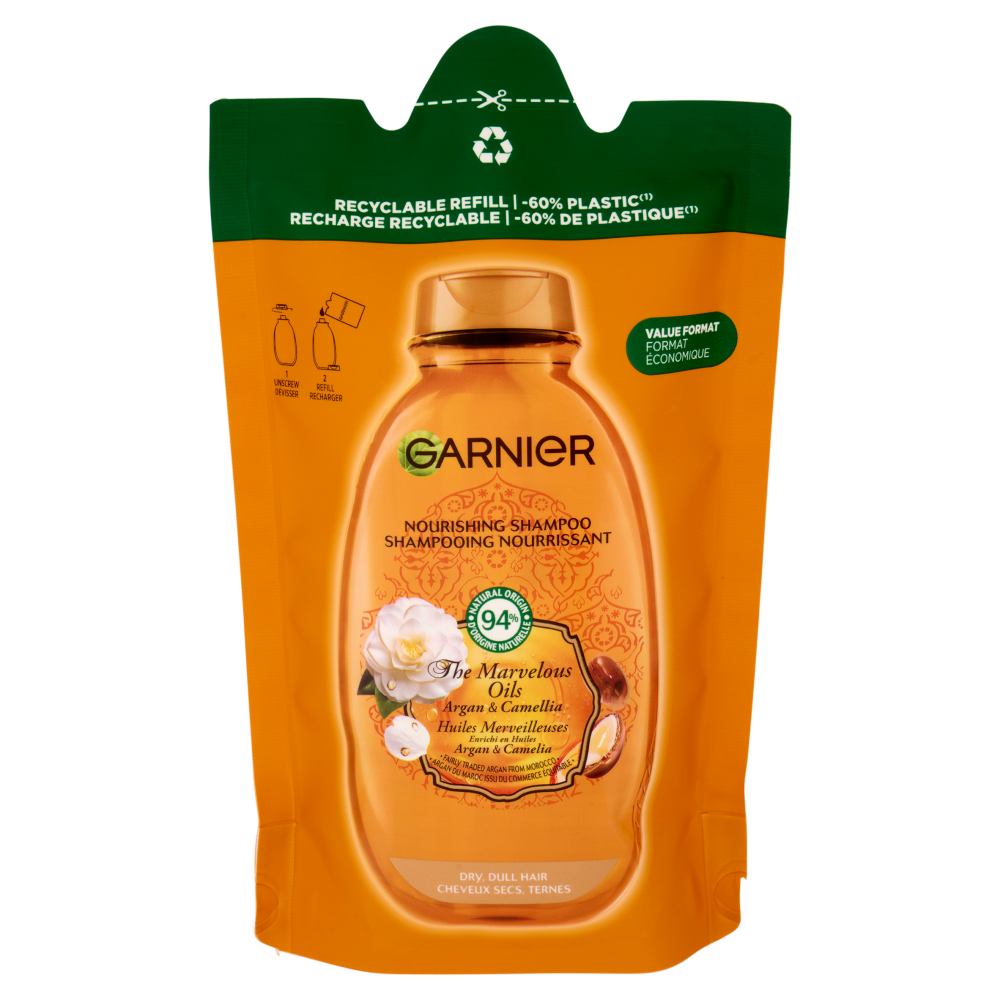 Garnier Ultra Oli Meravigliosi Argan & Camelia, Eco-ricarica Shampoo Nutriente Capelli Secchi, 250ml