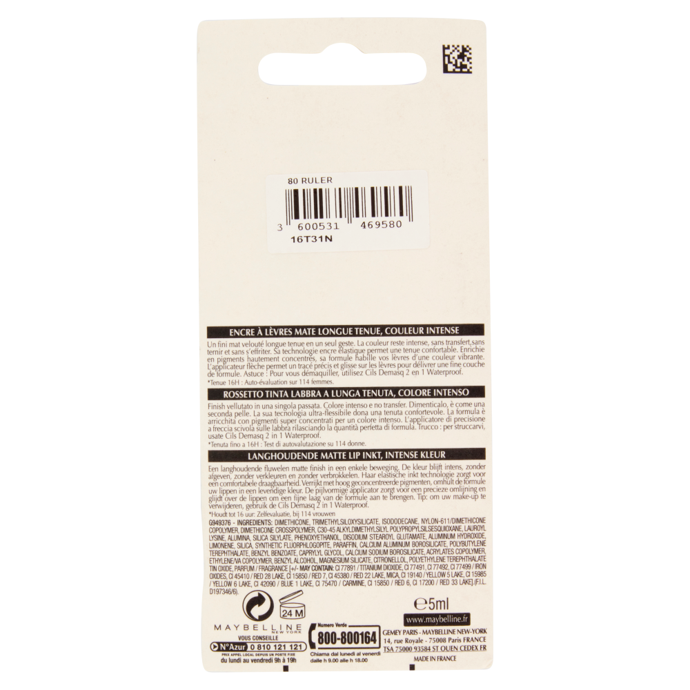 Maybelline New York Tinta Labbra SuperStay Matte Ink, a Lunga Tenuta, 80 Ruler