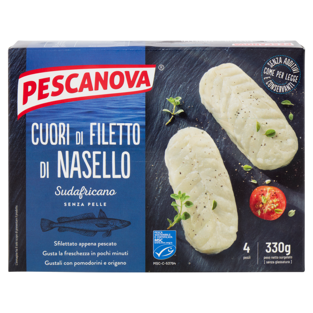 Pescanova Cuori di Filetto di Nasello Sudafricano Senza Pelle 4 pezzi 330 g
