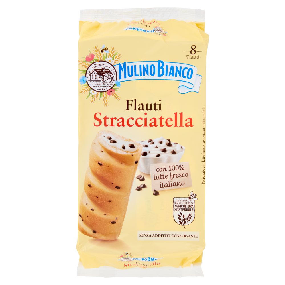 Mulino Bianco Flauti Stracciatella Merenda con 100% Latte Fresco Italiano 8 pezzi 280g