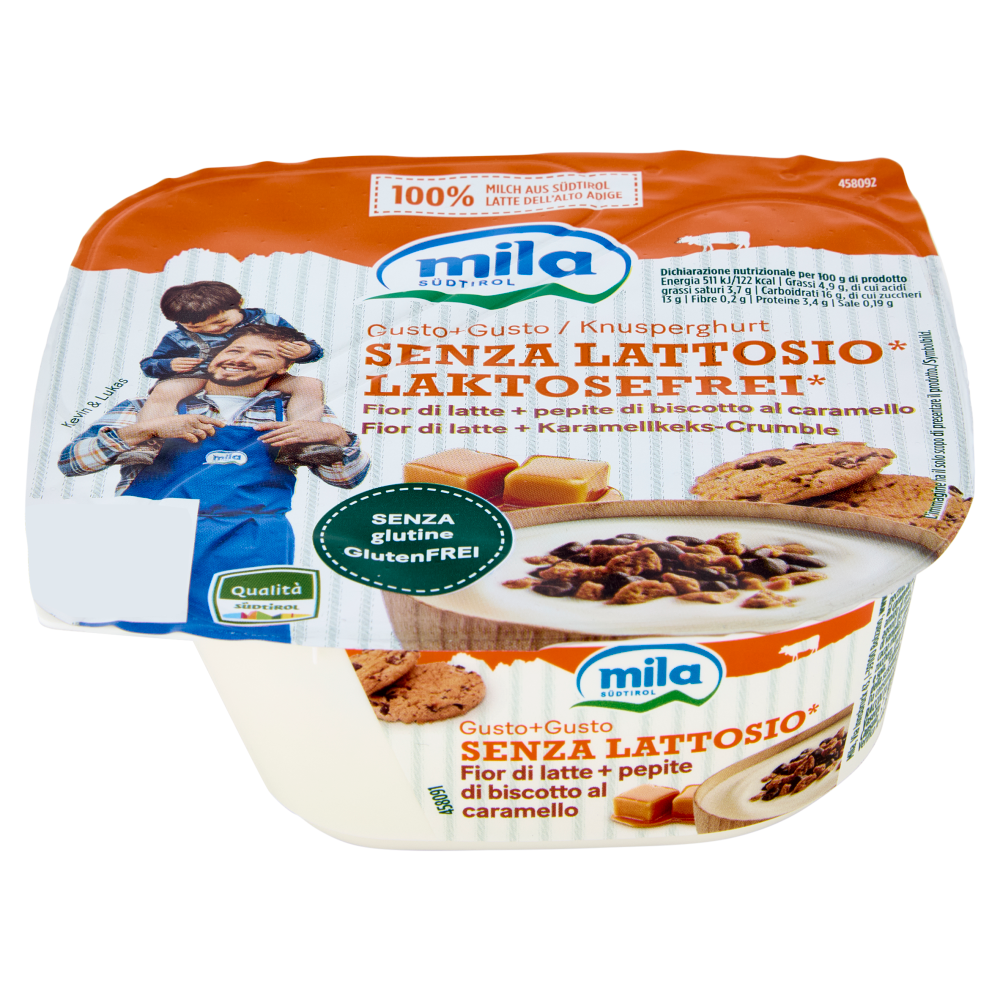 mila Gusto+Gusto Senza Lattosio* Fior di latte + pepite di biscotto al caramello 150 g