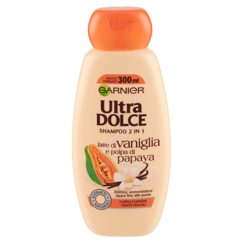 Garnier Ultra Dolce Shampoo 2in1 al latte di Vaniglia e polpa di Papaya per capelli lunghi, 300 ml