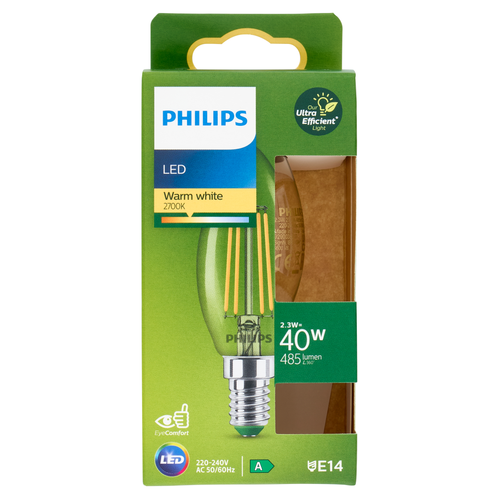 Philips Led Ultra Efficient candela filamento 40W E14 3000K