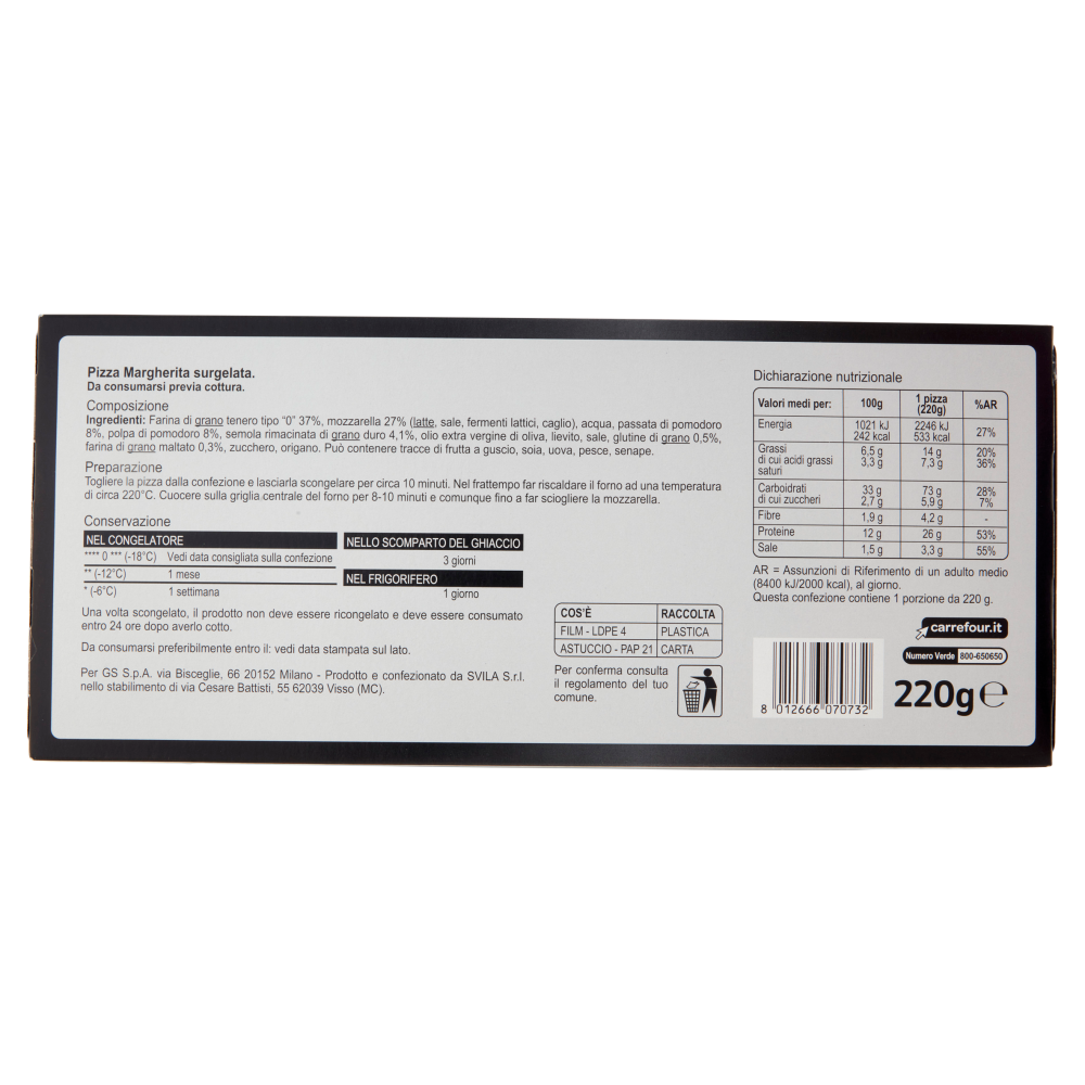 Carrefour Extra Pizza Margherita Formato Pala Surgelata 220 g
