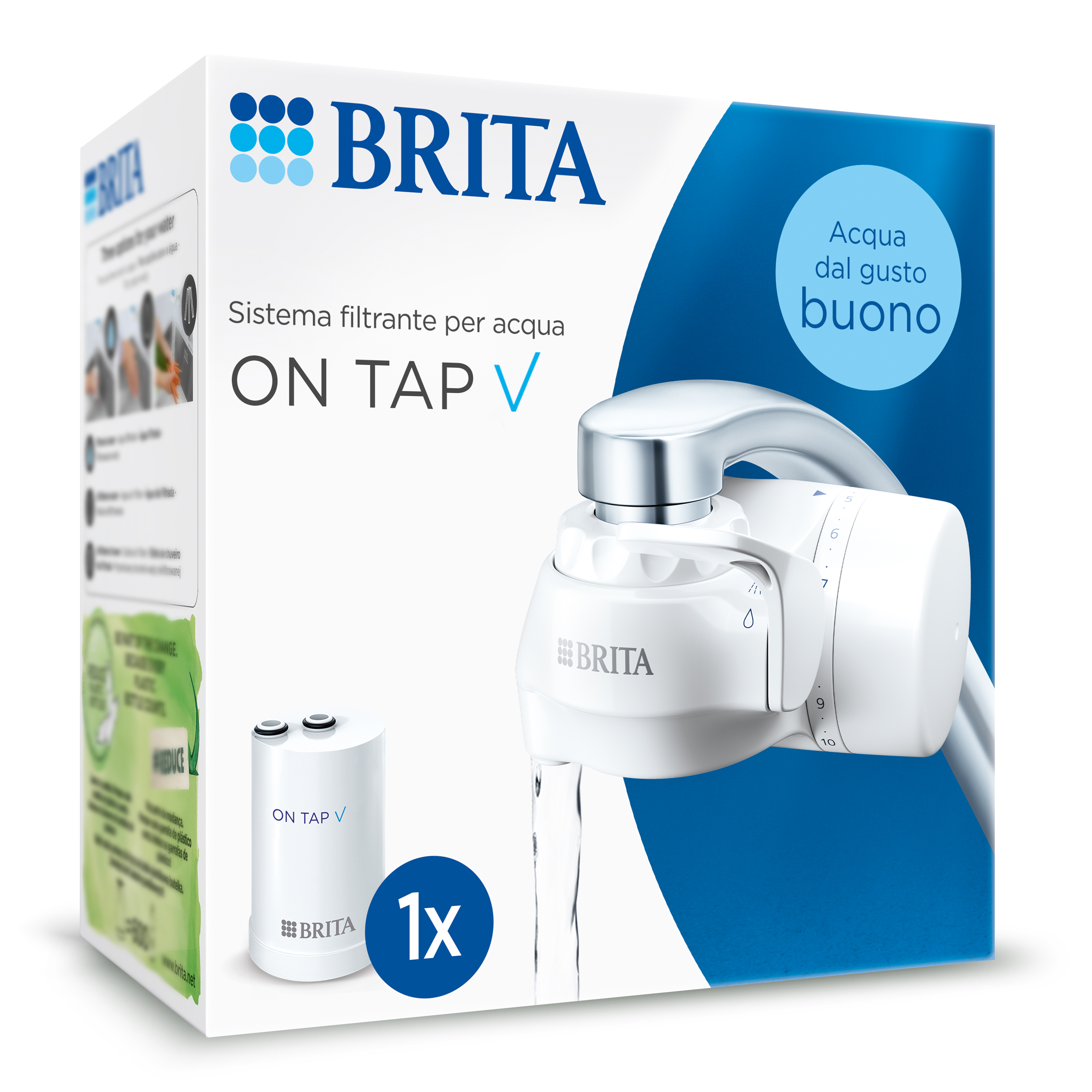 Brita ON TAP V incl. 1 x filtro acqua rubinetto V (4 mesi) - riduce cloro, PFAS, piccole particelle e metalli - indicatore durata filtro manuale