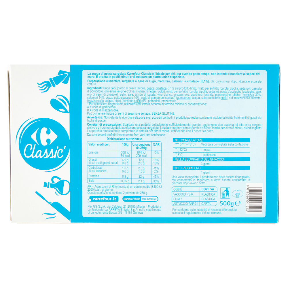 Carrefour Classic Zuppa Pronta Surgelata con Pesce e Frutti di Mare* 500 g