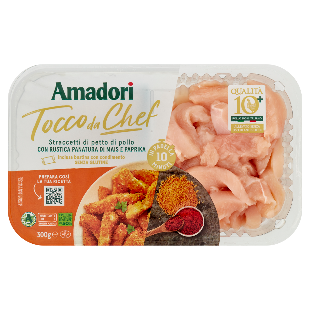 Amadori Qualit&agrave; 10+ Straccetti di petto di pollo con Rustica Panatura di Mais e Paprika 0,300 kg