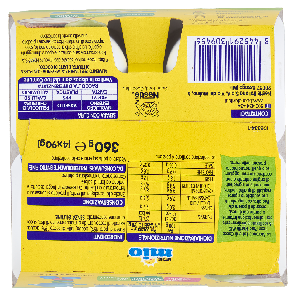 NESTLÉ MIO Merenda al Latte di Cocco Pera 4 Vasetti da 90g
