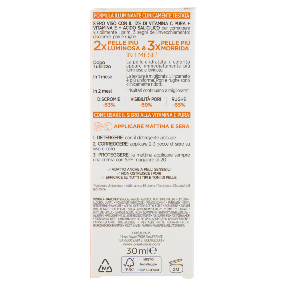 L'Oréal Paris Revitalift Clinical 12% Pura Vitamina C + E + Acido Salicilico Siero, 30 ml