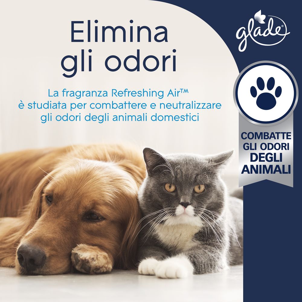 Glade Liquido elettrico ricarica Profumatore per Ambienti con Olii Essenziali, Fragranza Refreshing Air™, Elimina gli odori degli animali domestici, 20 ml
