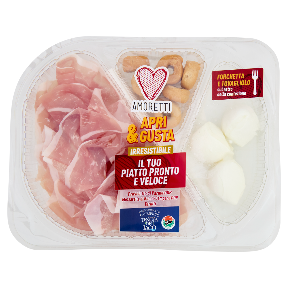 Amoretti Apri & Gusta Irresistibile Prosciutto Parma DOP,Mozzarella Bufala Campana DOP,Taralli 165 g