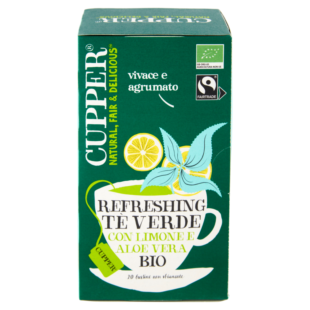 CUPPER T&egrave; Verde al Limone Aloe Vera Bio Fairtrade, T&egrave; con Gusto Vivace e Agrumato, 20 Bustine 37 g
