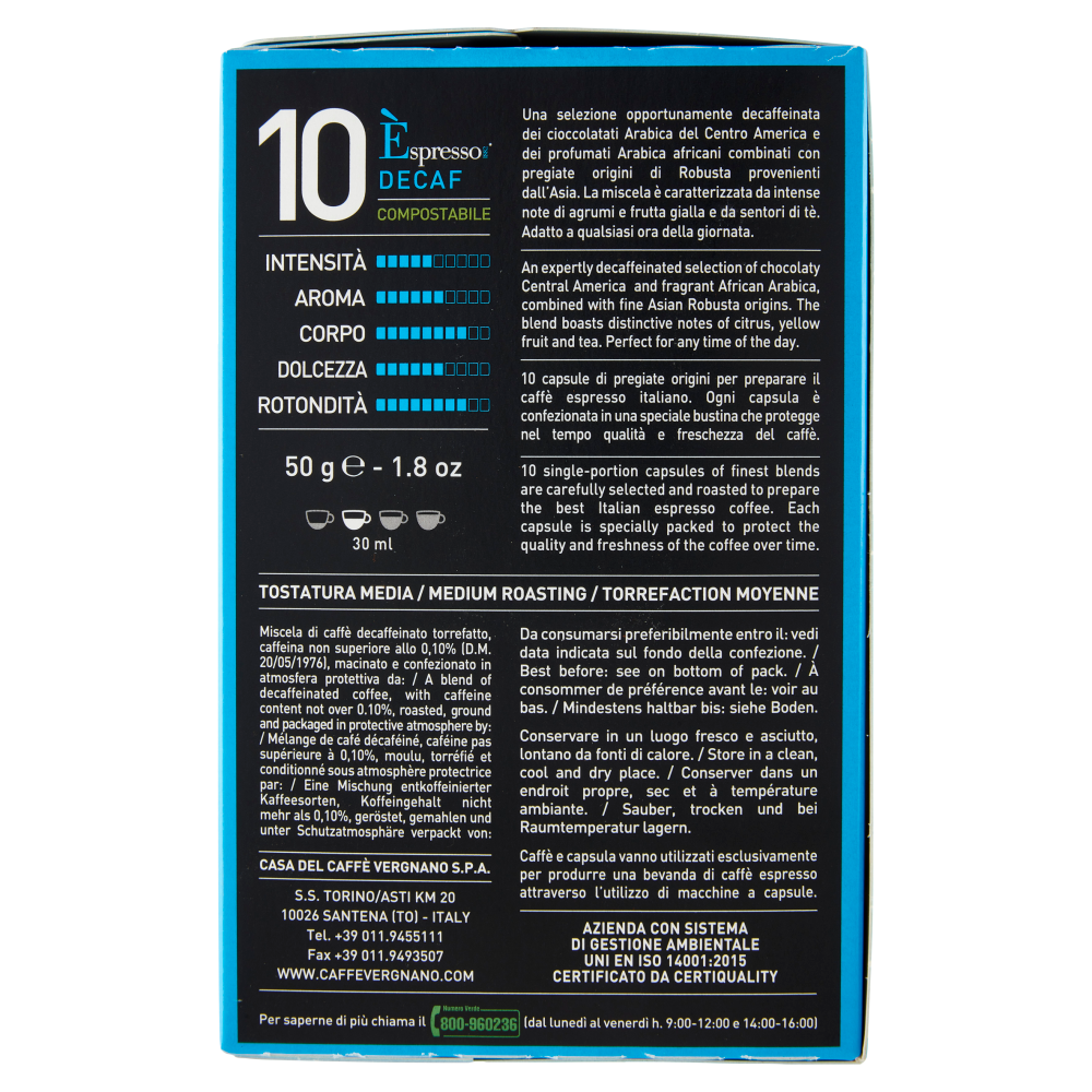 Caffè Vergnano 1882 Èspresso1882 Decaf Compostabile** Capsule Compatibili Nespresso* 10 x 5 g