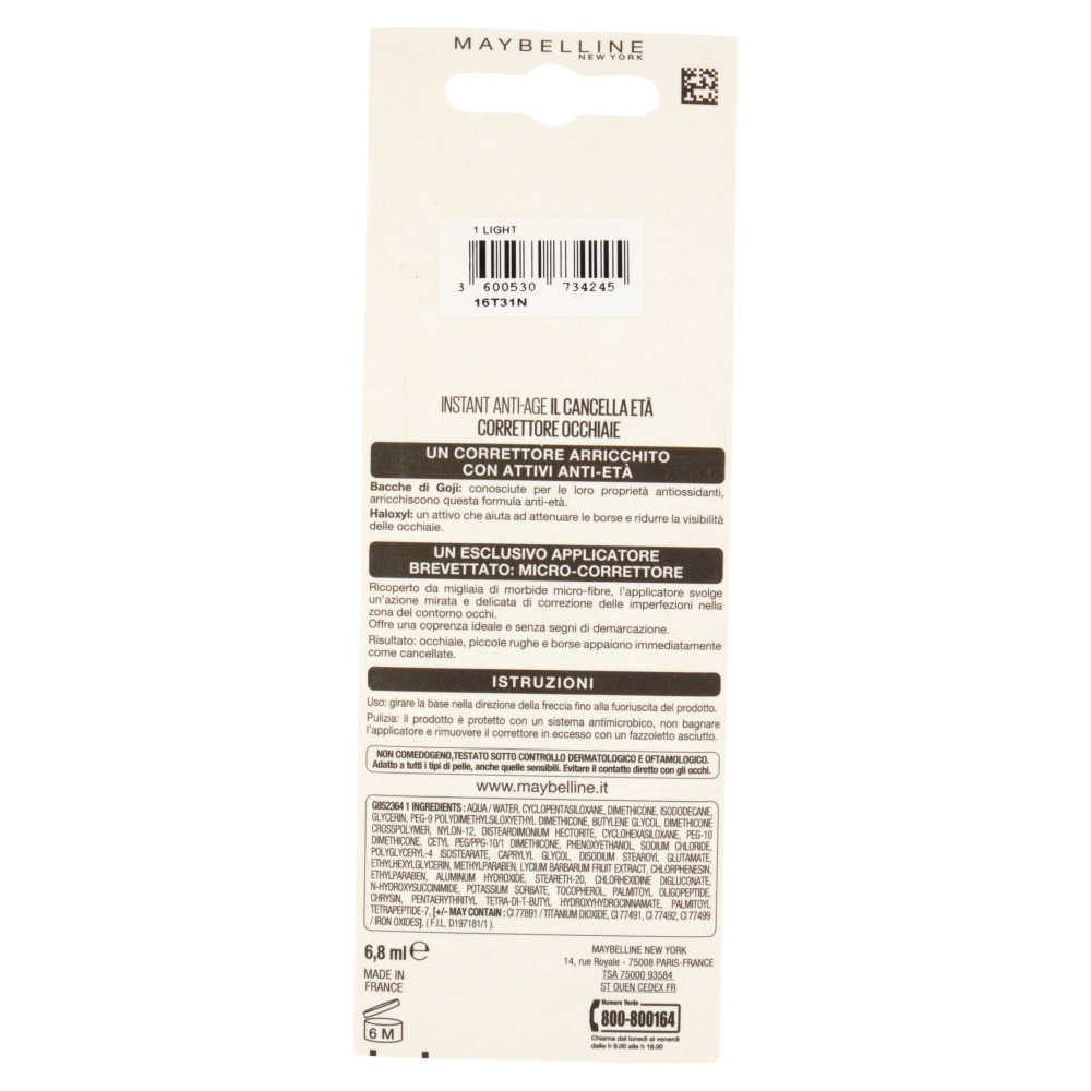 Maybelline New York Correttore Liquido Il Cancella Età, Copre Occhiaie e Piccole Rughe, 01 Light