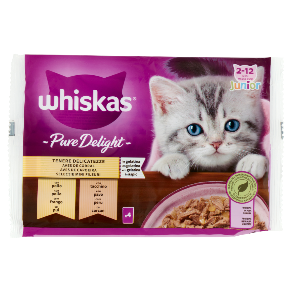 Whiskas Junior Pure Delight Tenere Delicatezze in gelatina con pollo, con tacchino 4 x 85 g
