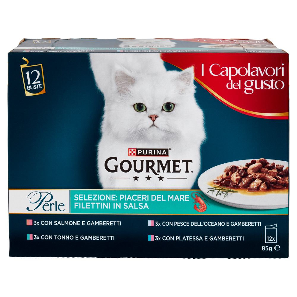 PURINA GOURMET Perle Piaceri del Mare Filettini in Salsa Salmone,Pesce Oceano,Tonno,Platessa 12x85g