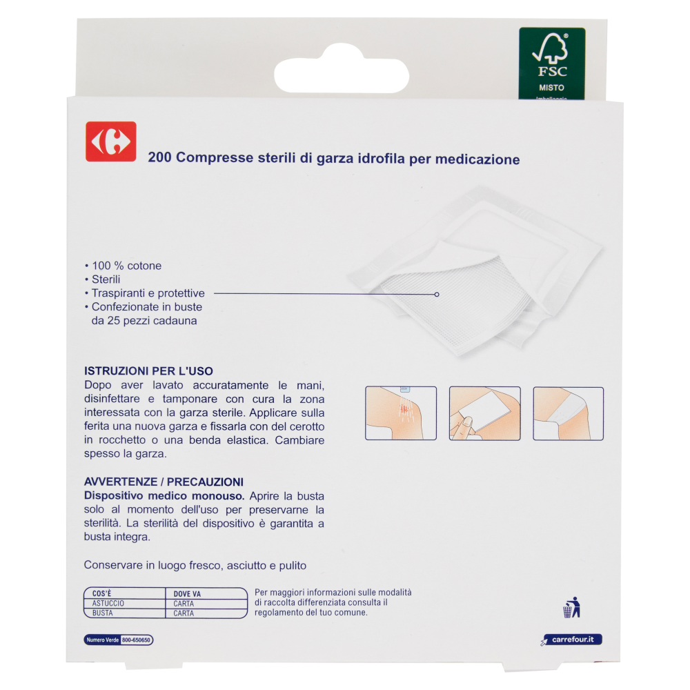 Carrefour Primo Soccorso Compresse di garza Sterili 10x10 cm 200 pz
