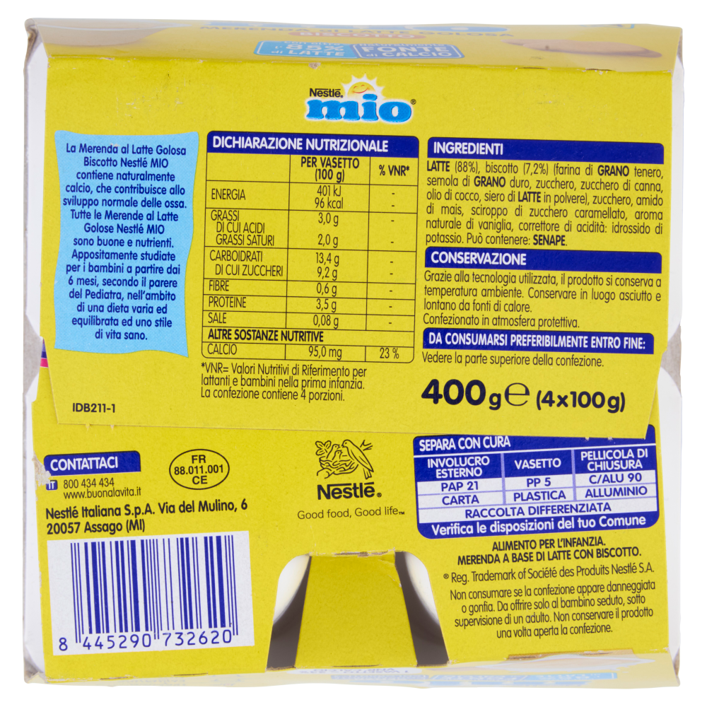 NESTLÉ MIO Merenda al Latte Biscotto 4 Vasetti da 100g